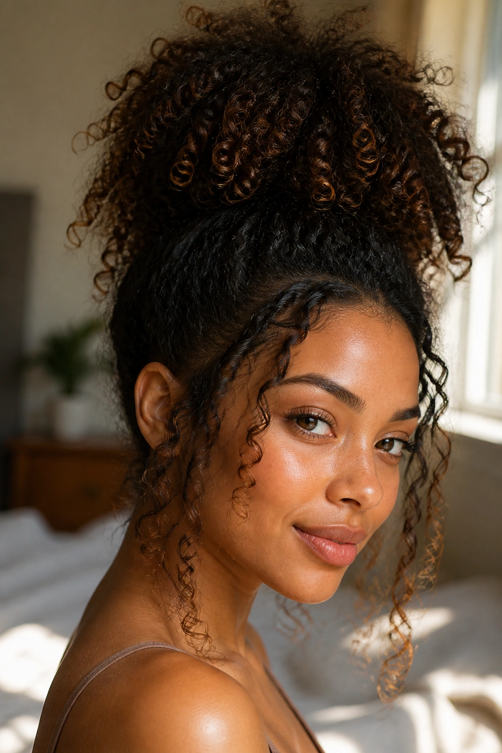 Close-up of a real woman's pineapple puff with defined loose ends