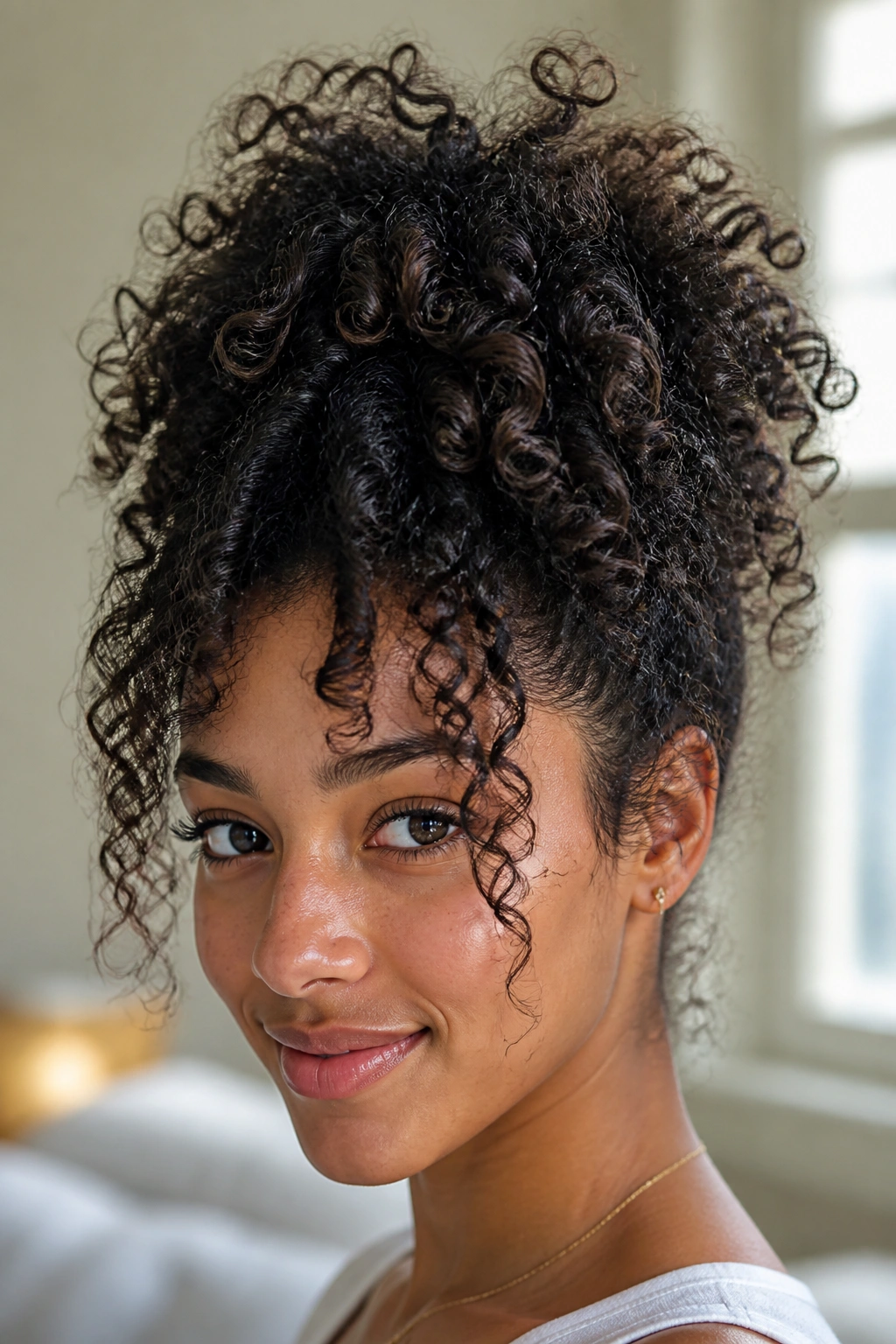 Close-up of a real woman with a high pineapple puff hairstyle
