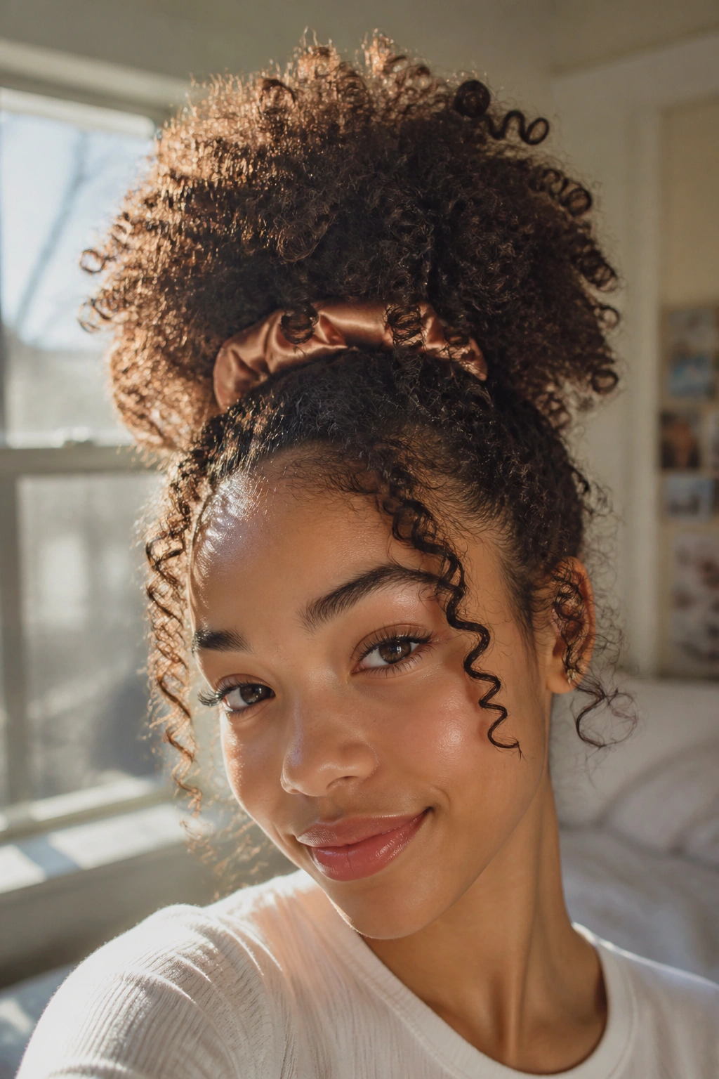Teen girl with pineapple puff hairstyle for natural curls in a sunlit room