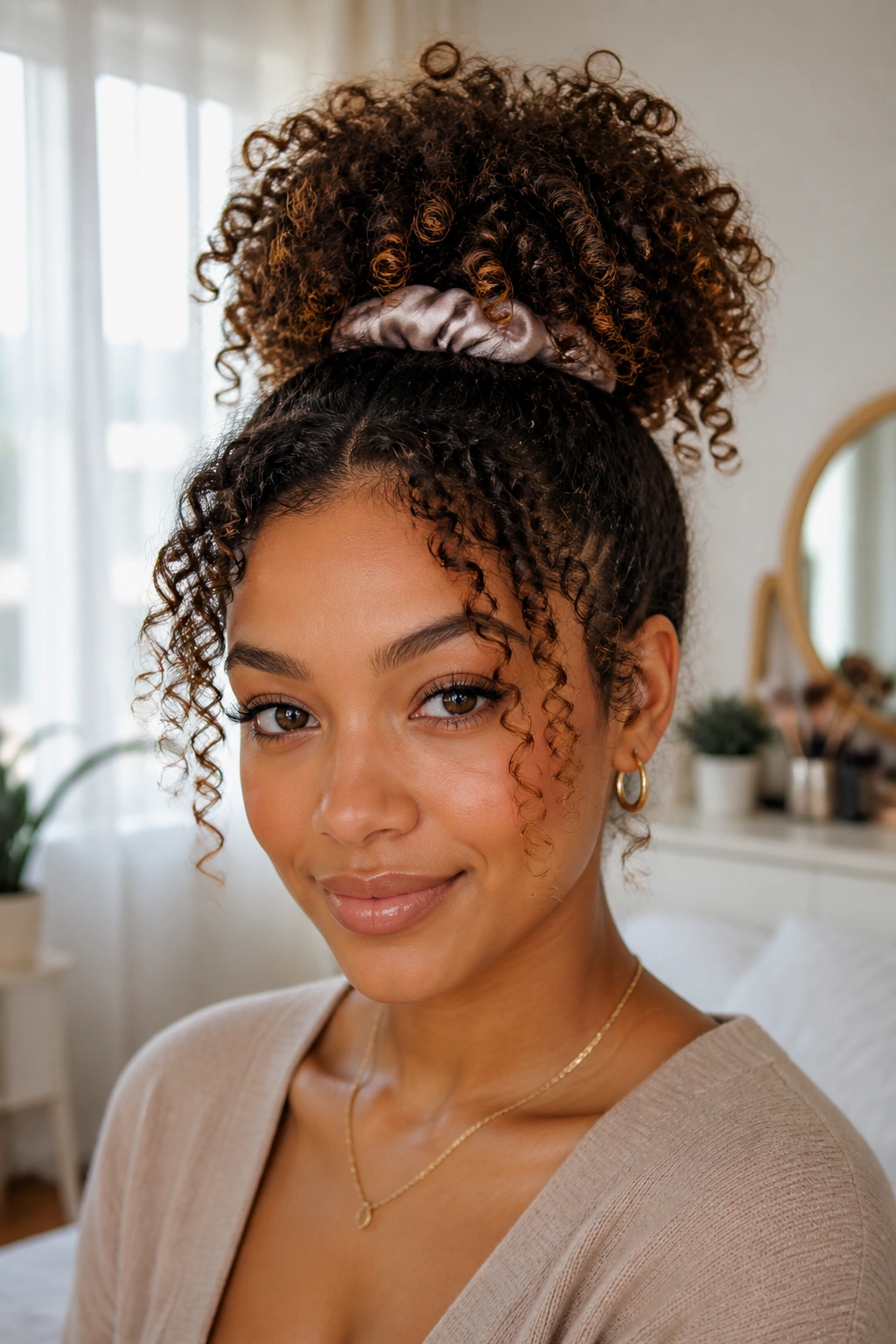 Real woman with high pineapple puff hairstyle