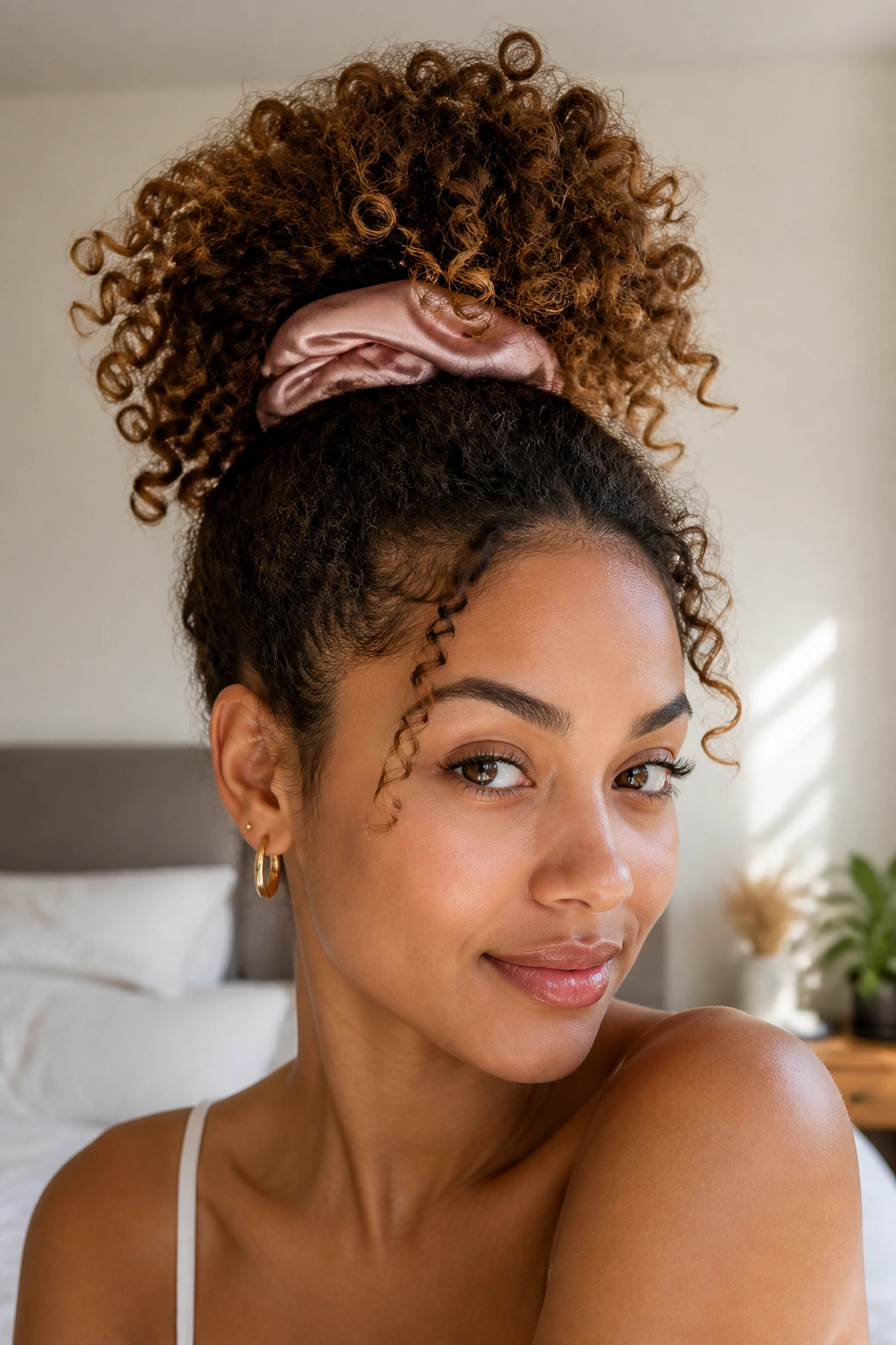 Close-up of a person wearing a pineapple puff hairstyle for day-two curls in natural light.
