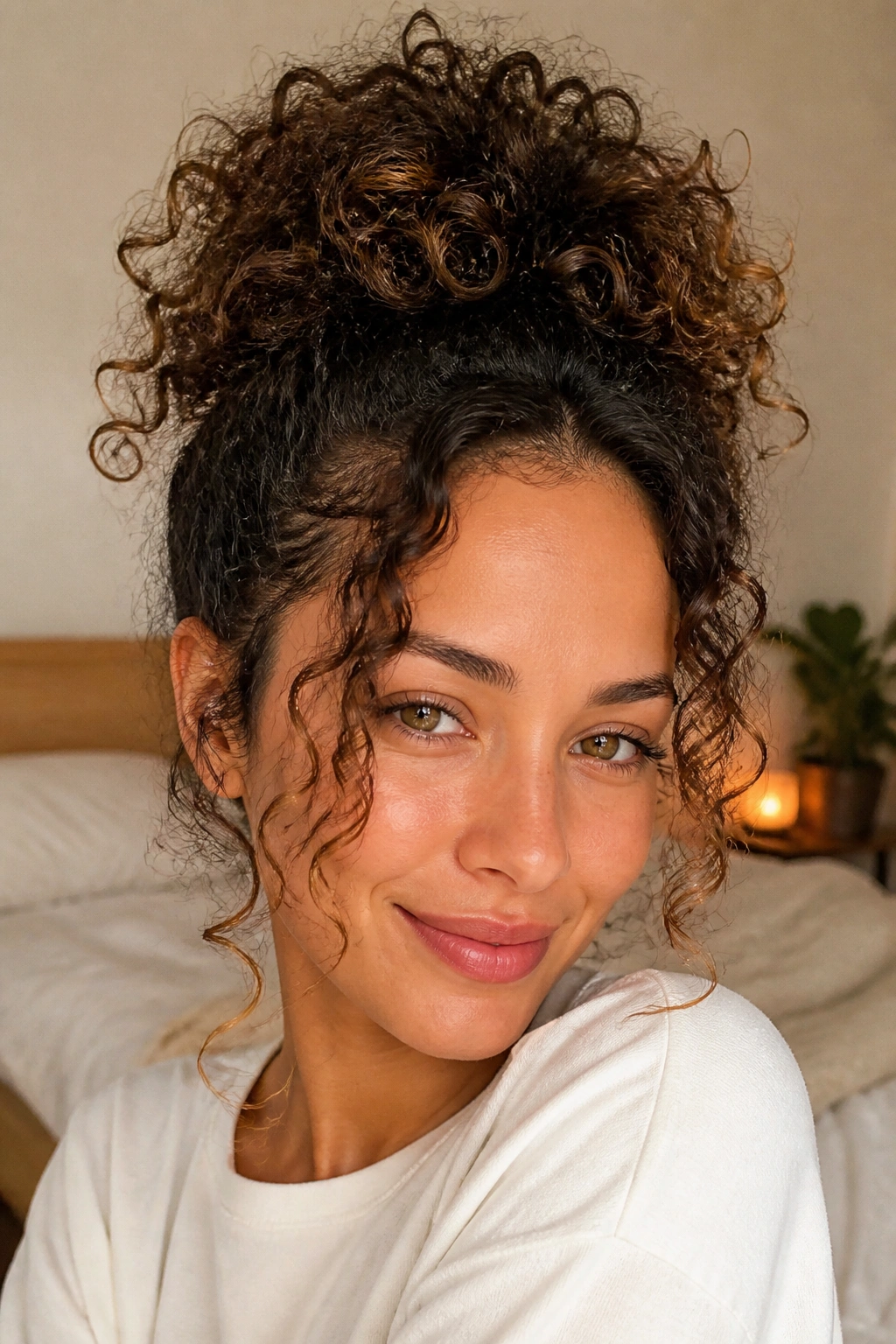 Close-up portrait of a real woman with a pineapple puff and face-framing pieces