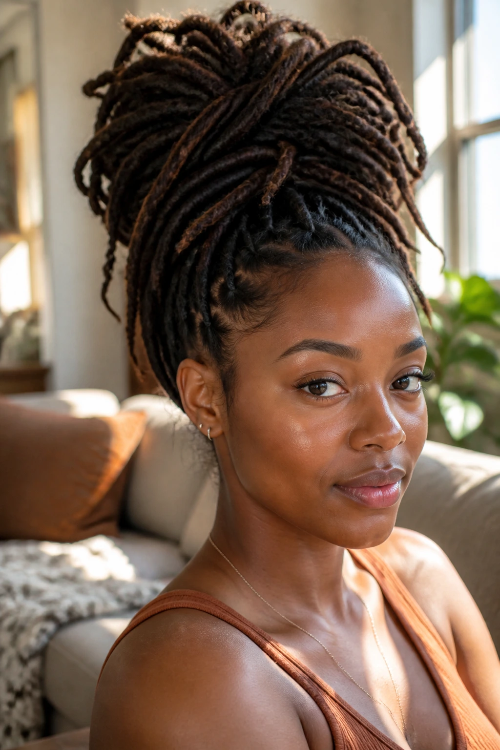 Real woman with a loose pineapple puff for long locs
