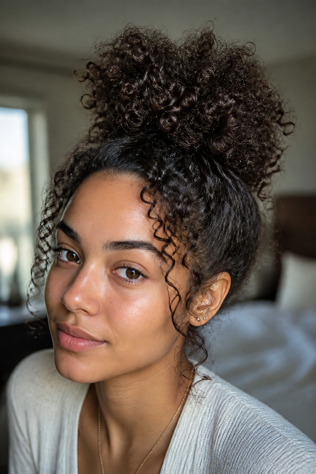 Close-up of a real woman with a pineapple puff on top and second-day curls.