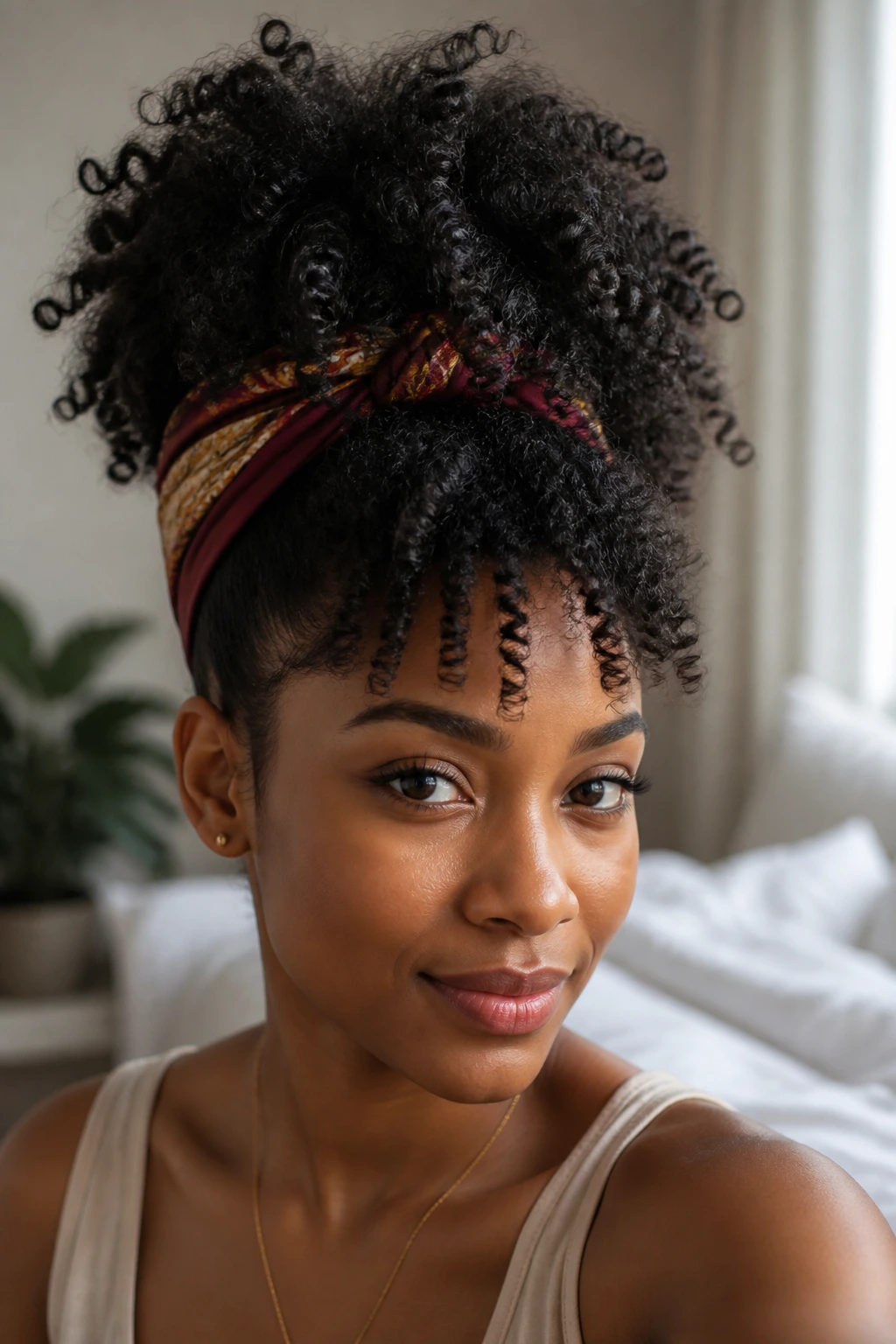 Woman with pineapple updo and coils cascading forward in natural light
