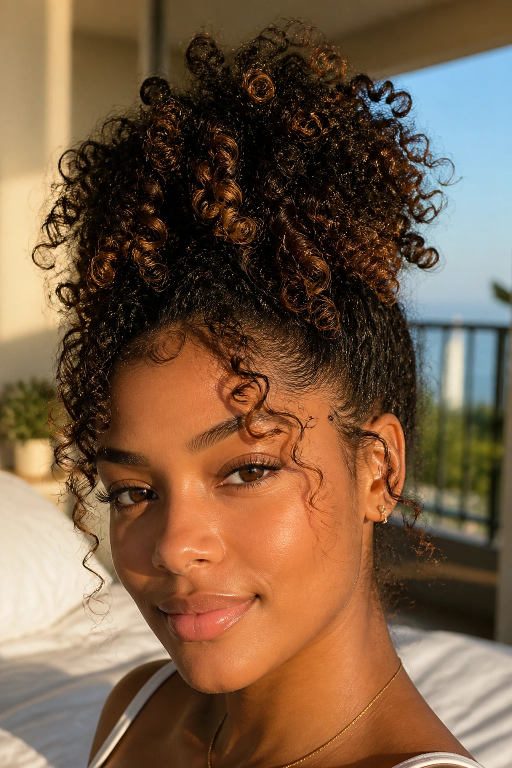 Close-up of a real person with a pineapple updo hairstyle