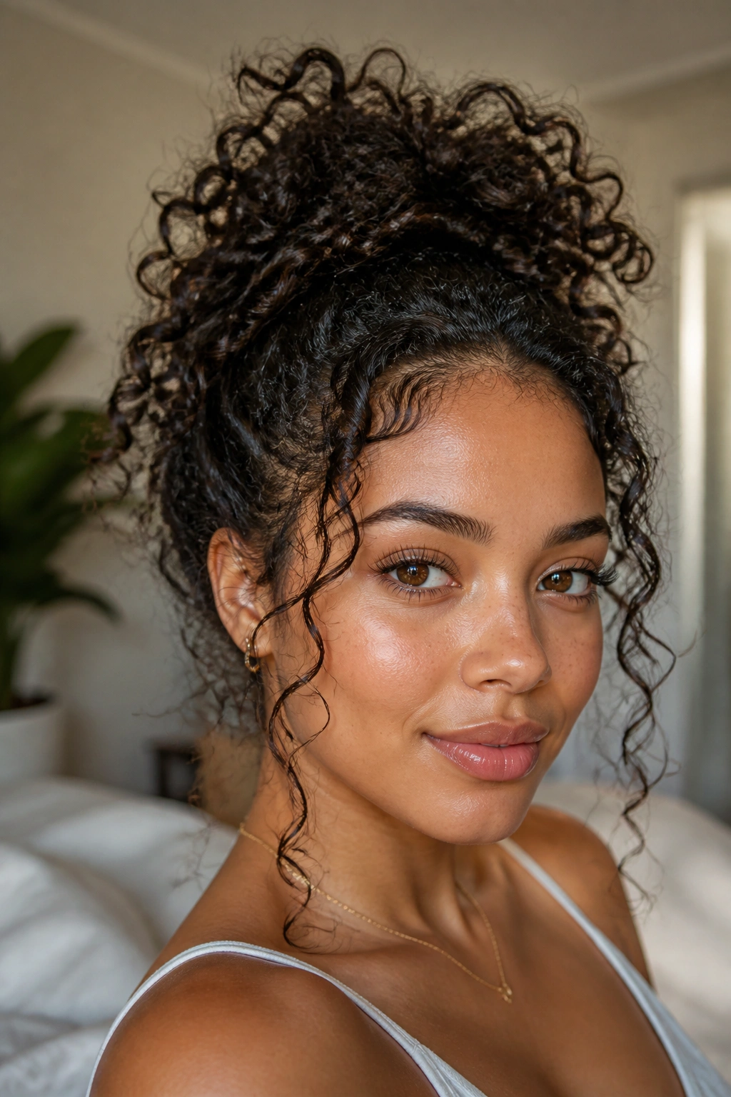 Close-up of a real person with a loose pineapple updo