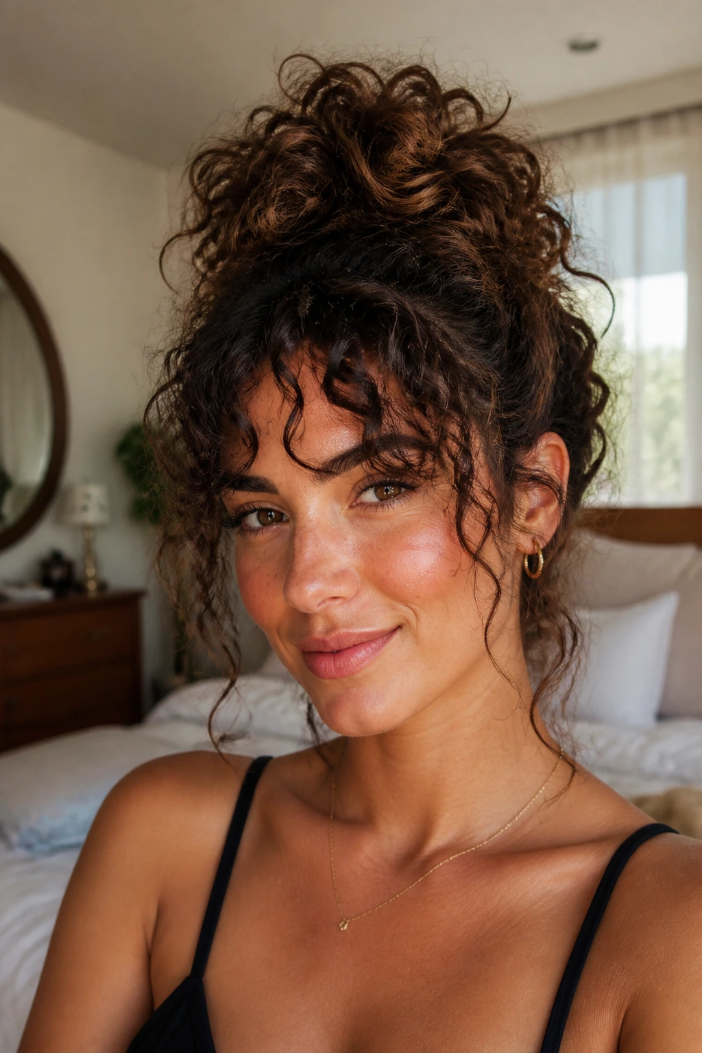 Close-up of a real woman with a pineapple updo and loose fringe in warm window light