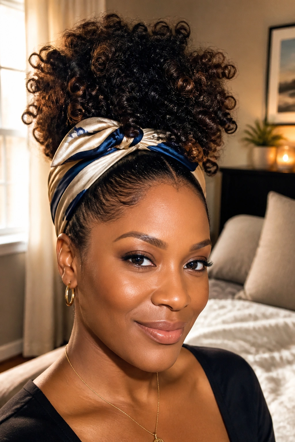 Close-up of a Black woman with a pineapple updo and silk scarf finish