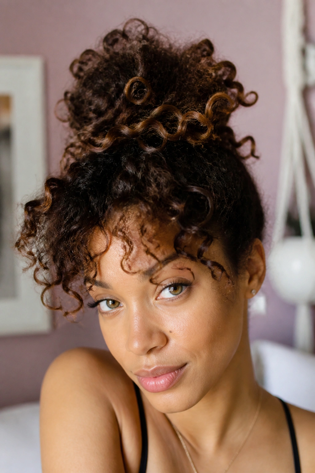 Close-up of a real person wearing a pineapple updo for second-day curls