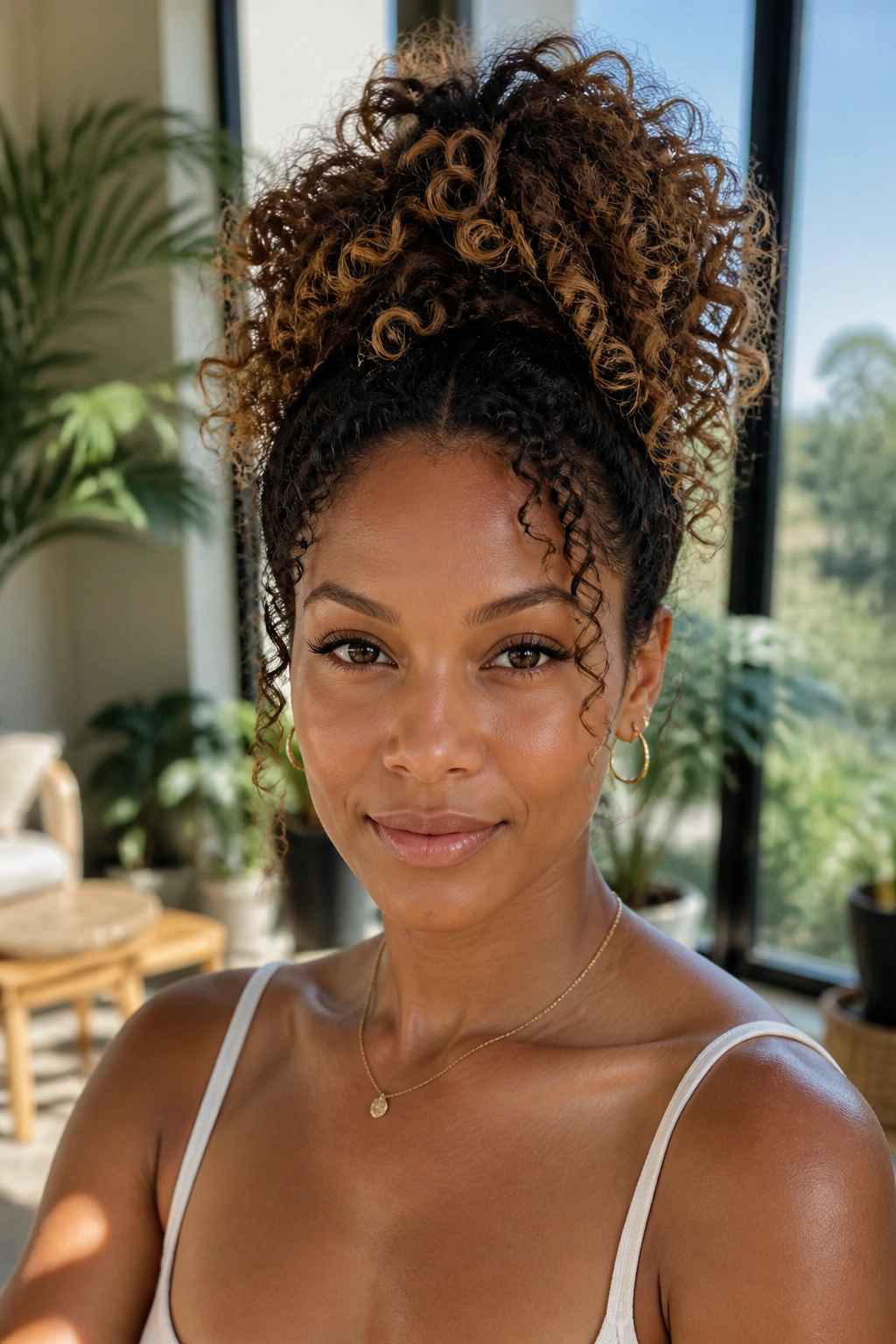 Close-up of a real woman with a pineapple updo showing volume and ends spilling, natural light
