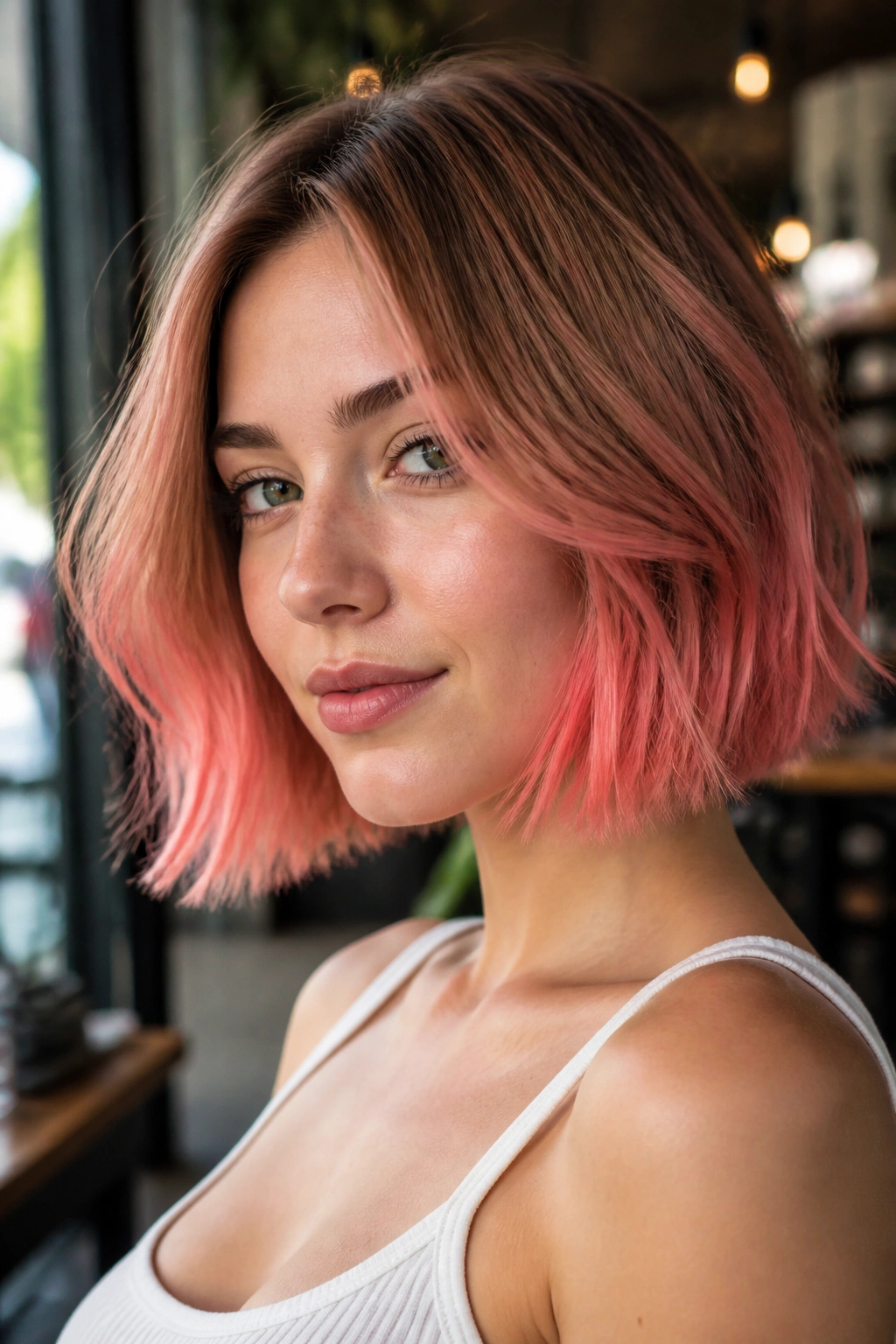 Real woman with pink-tipped coral bob in window light