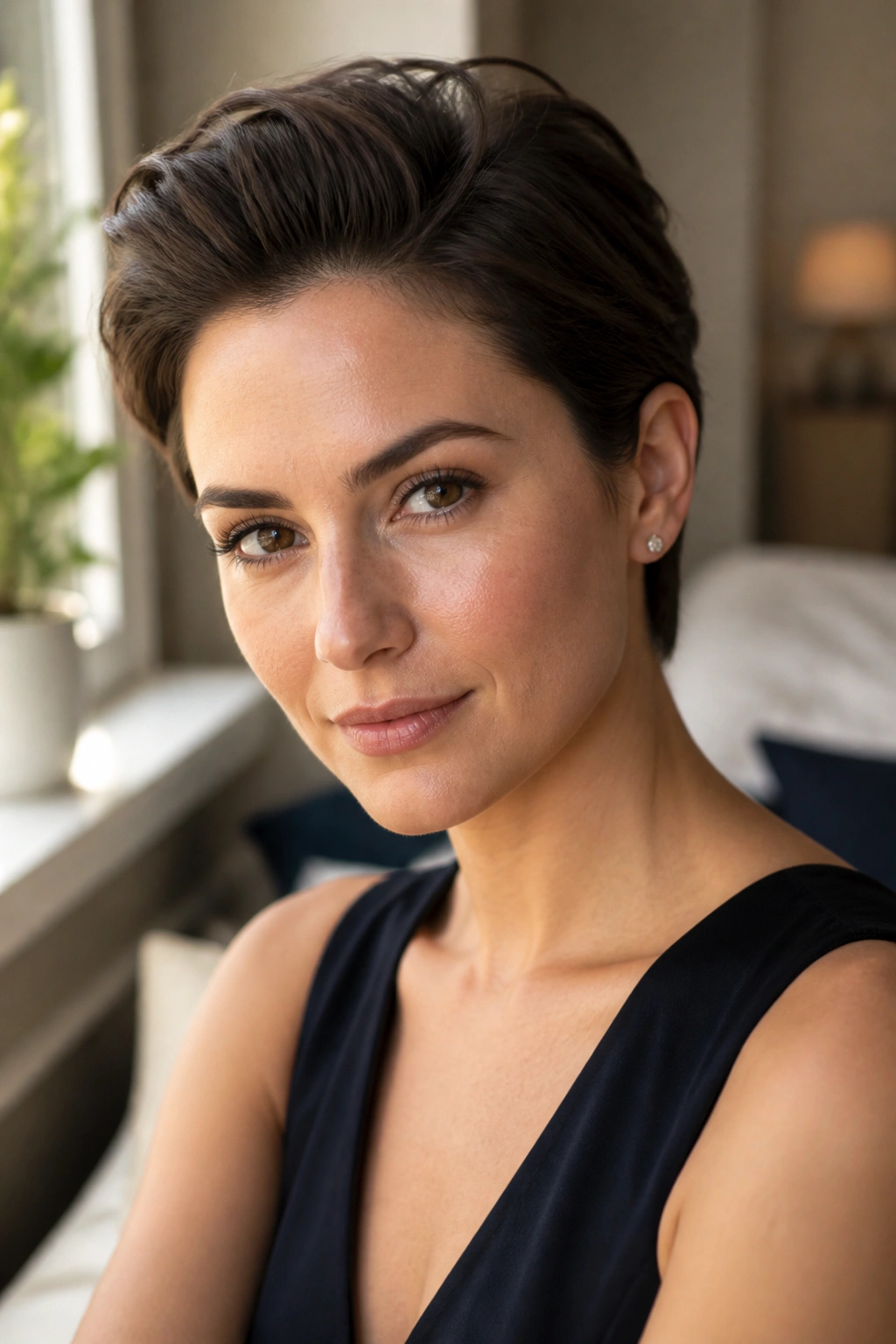 Close-up portrait of a real woman with pinned-back crown volume on short hair