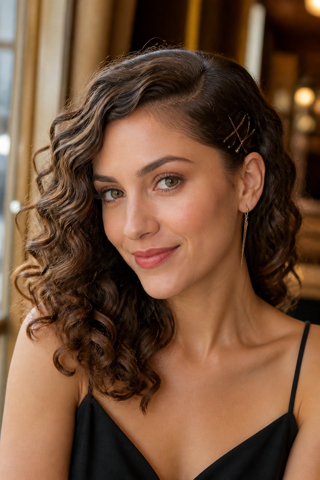 Close-up of a woman with one side pinned back and loose curls on the other side.