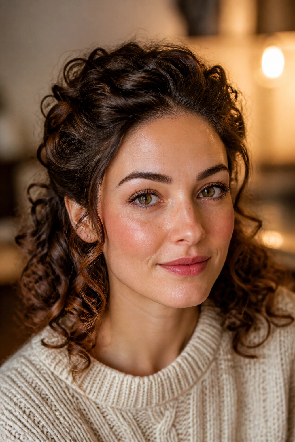 Close-up of a woman with pinned-back curls in a cozy indoor setting