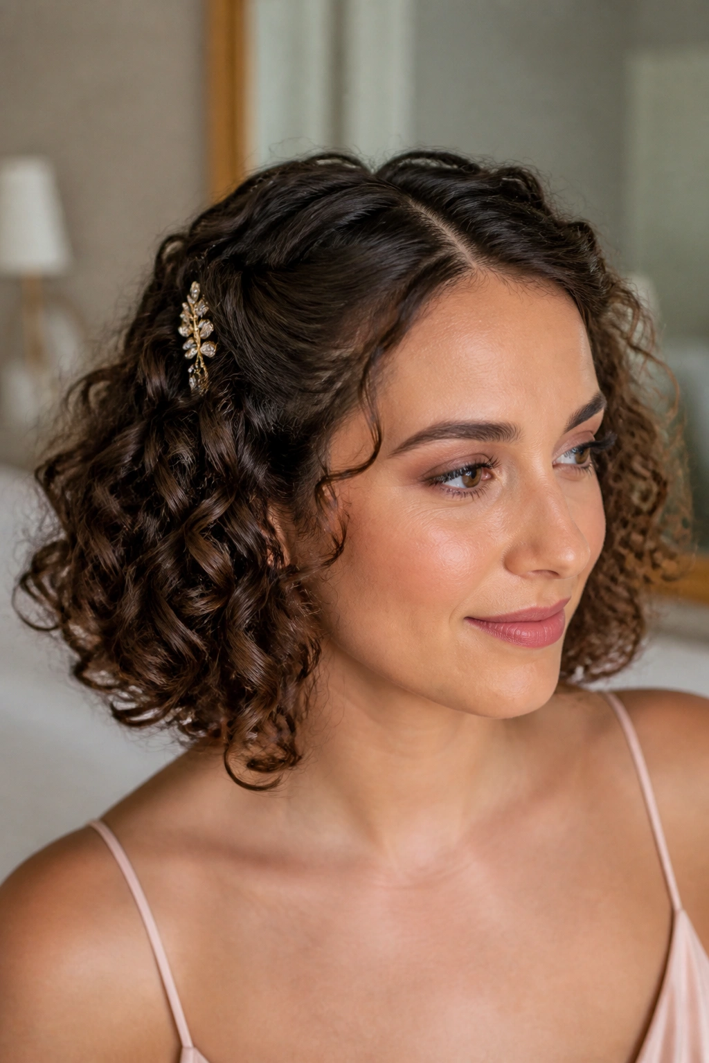 Close-up of a real person with a pinned-back curly bob