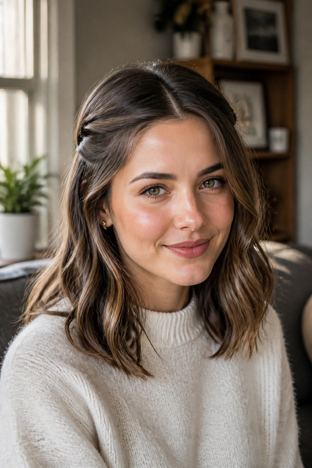 Close-up portrait of a real woman with loose pinned-back sides hairstyle