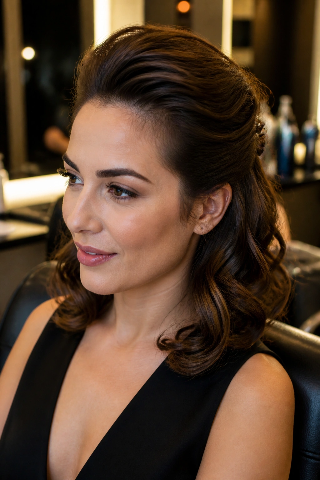 Close-up of a real woman with shoulder-length hair pinned back for retro volume
