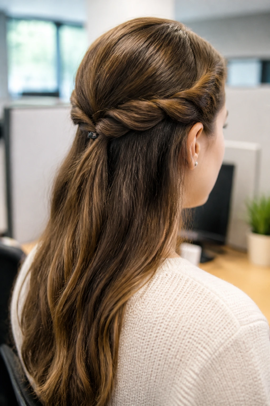 Back-of-head view of a real woman with pinned-back side sections