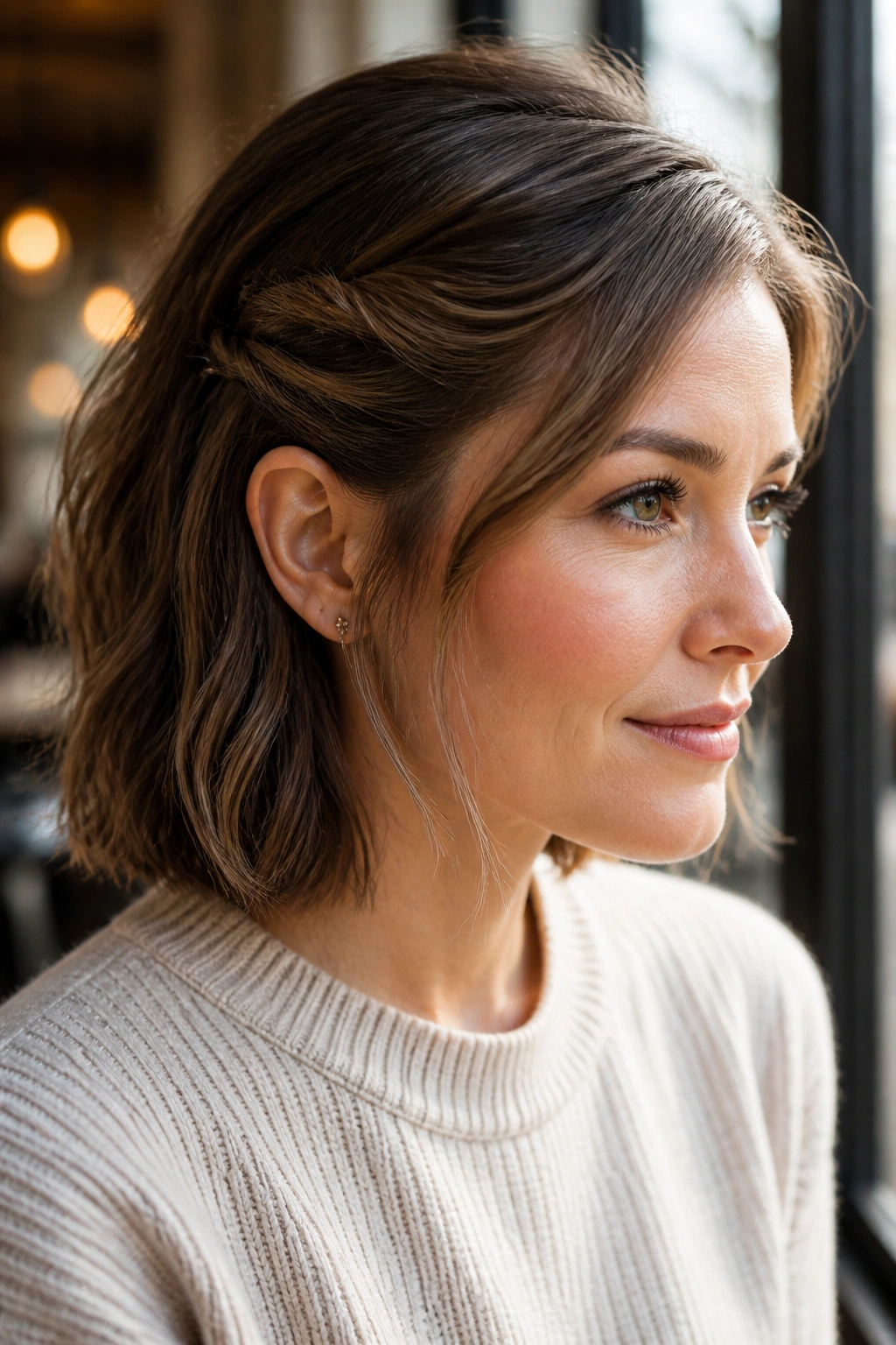Close-up portrait of a real woman with a pinned-back side roll on bob-length hair