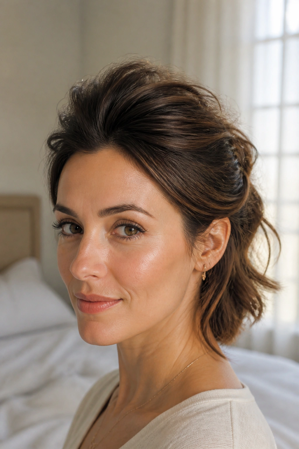 Close-up of a real woman with a pinned-back volume puff hairstyle