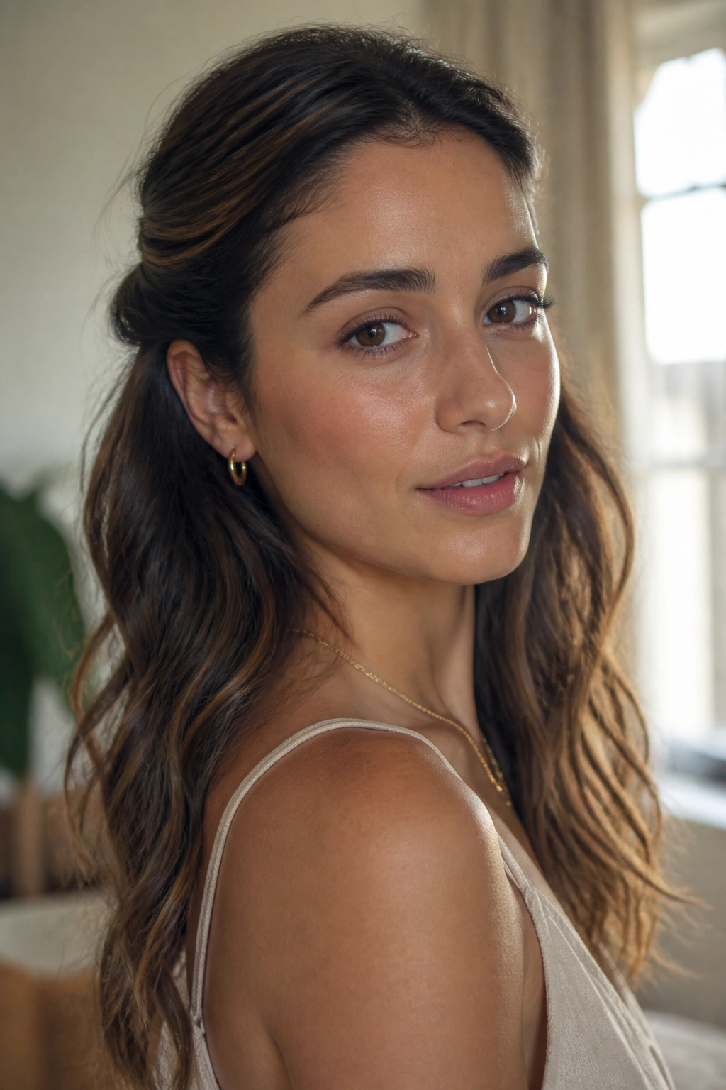 Close-up portrait of a real woman with pinned-back waves and twisted front sections