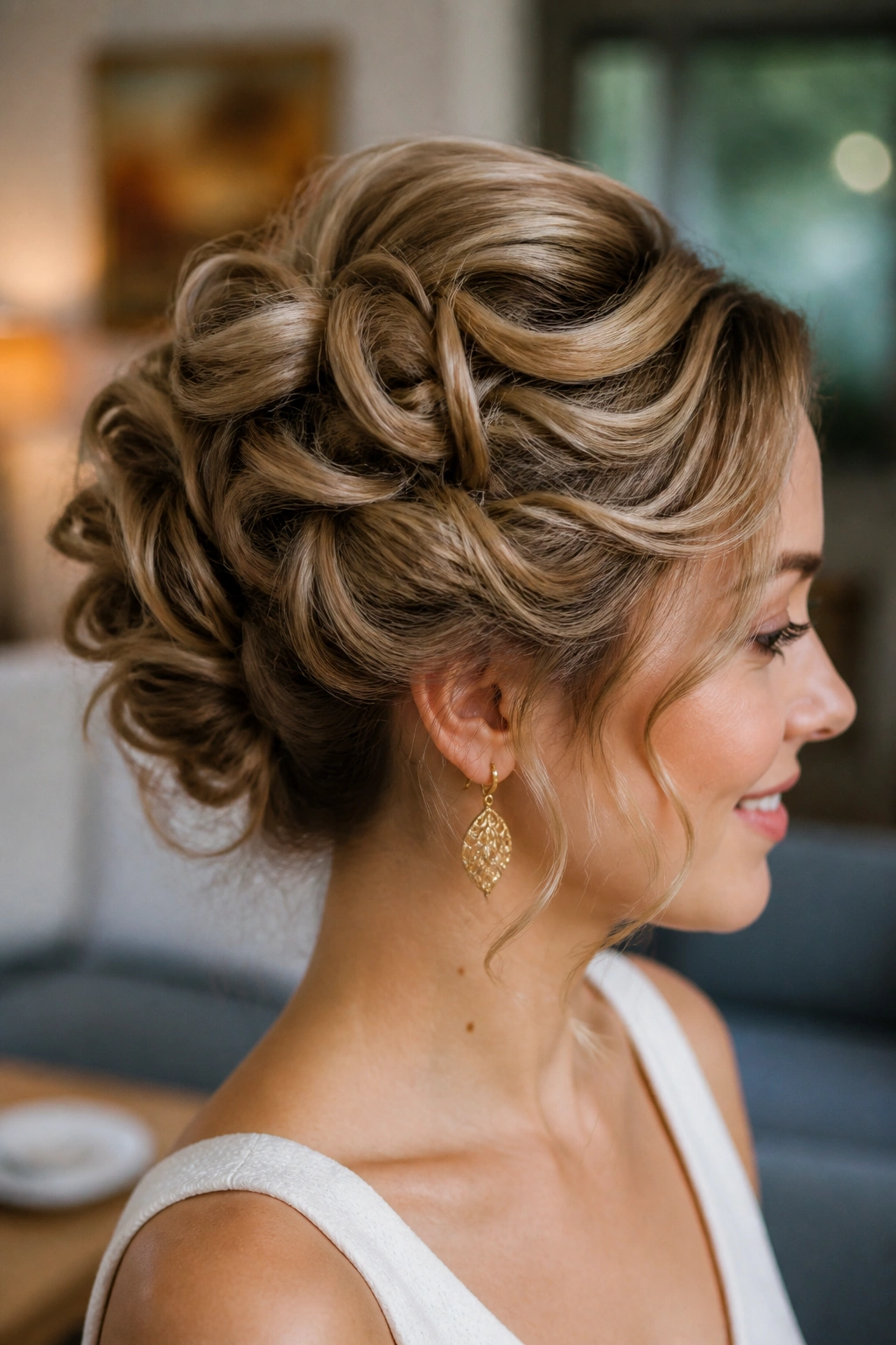 Back/side close-up of a real woman with a pinned curl updo