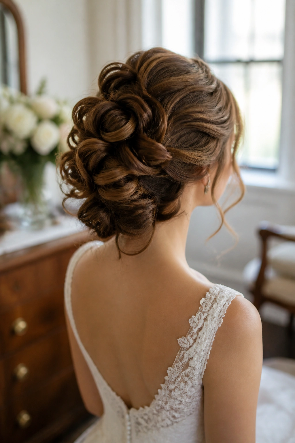 Rear three-quarter view of a bride with pinned curls in a soft updo