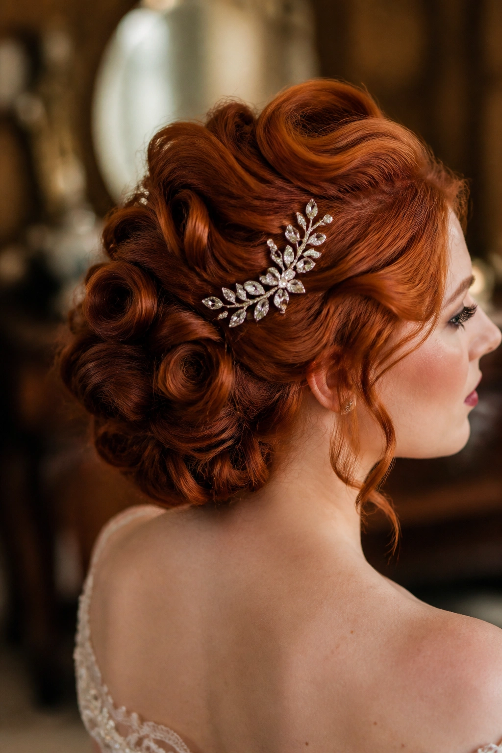 Close-up of a real woman with pinned curls updo and vintage movement on auburn hair.