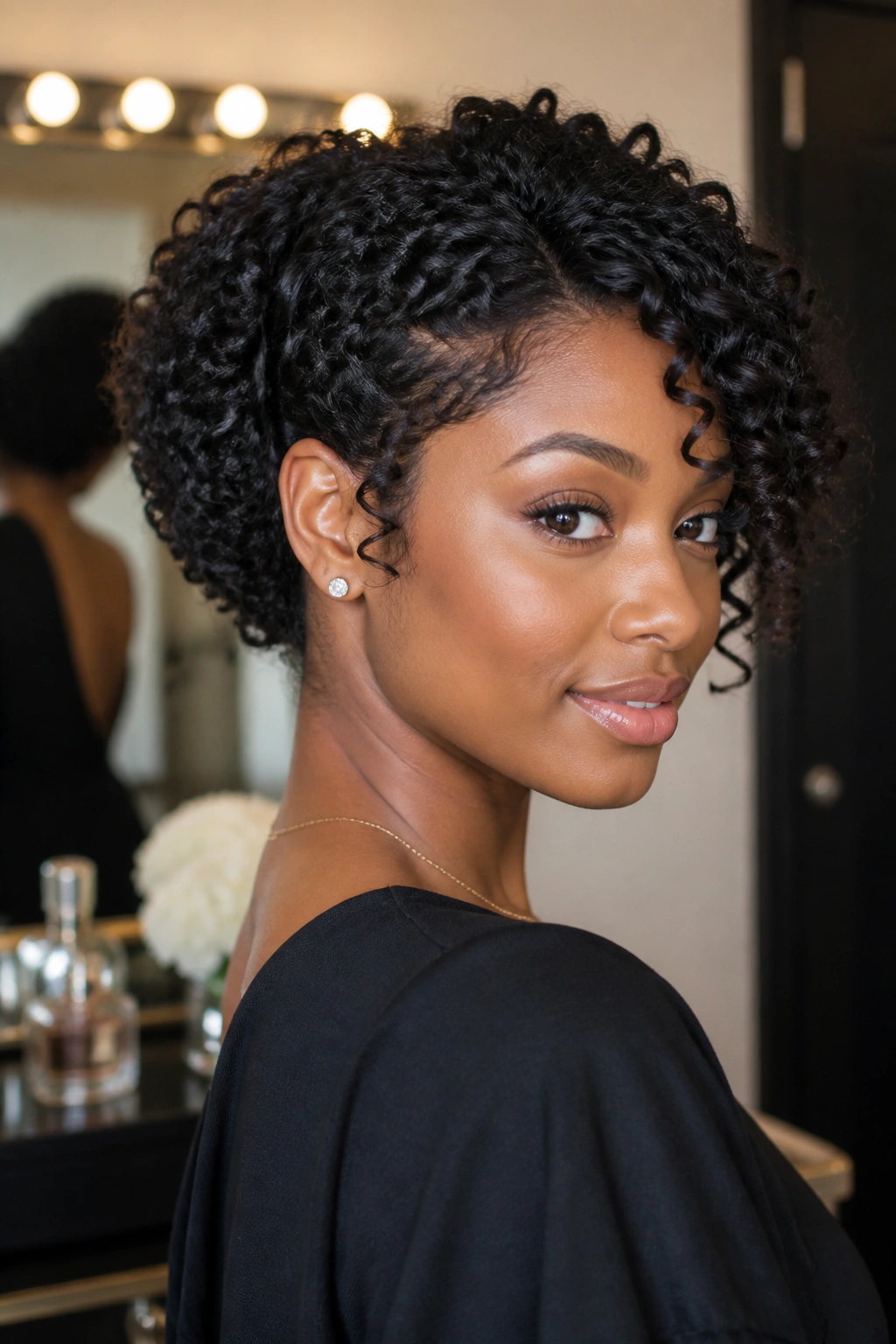 Close-up of a real Black woman with pinned-up curly bob.