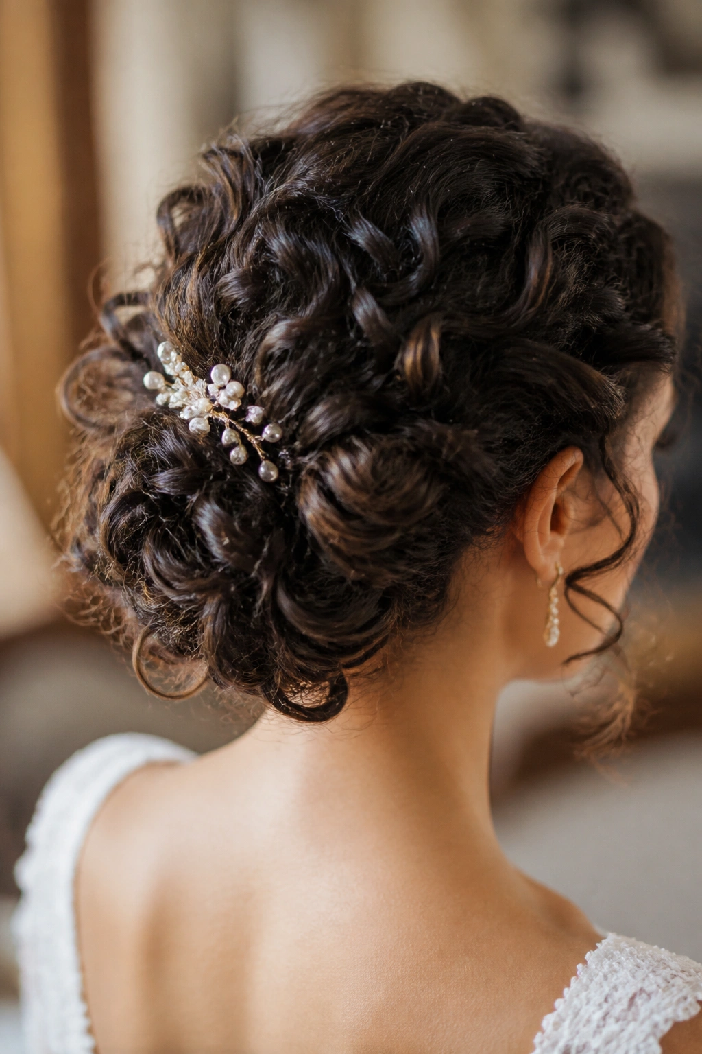 Rear three-quarter view of a person with pinned nape updo