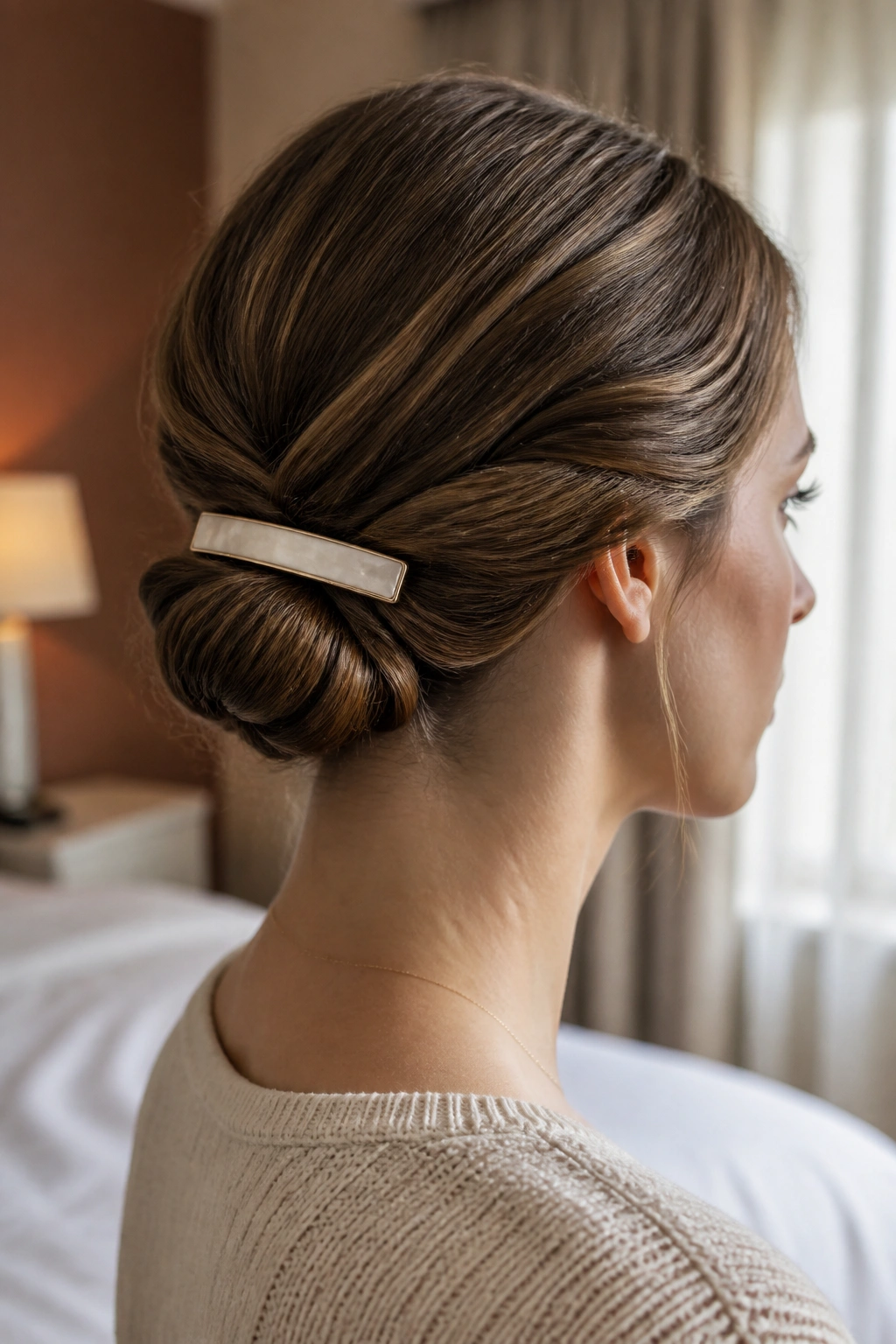 Close-up of a woman's nape with a smooth pinned roll secured by a barrette