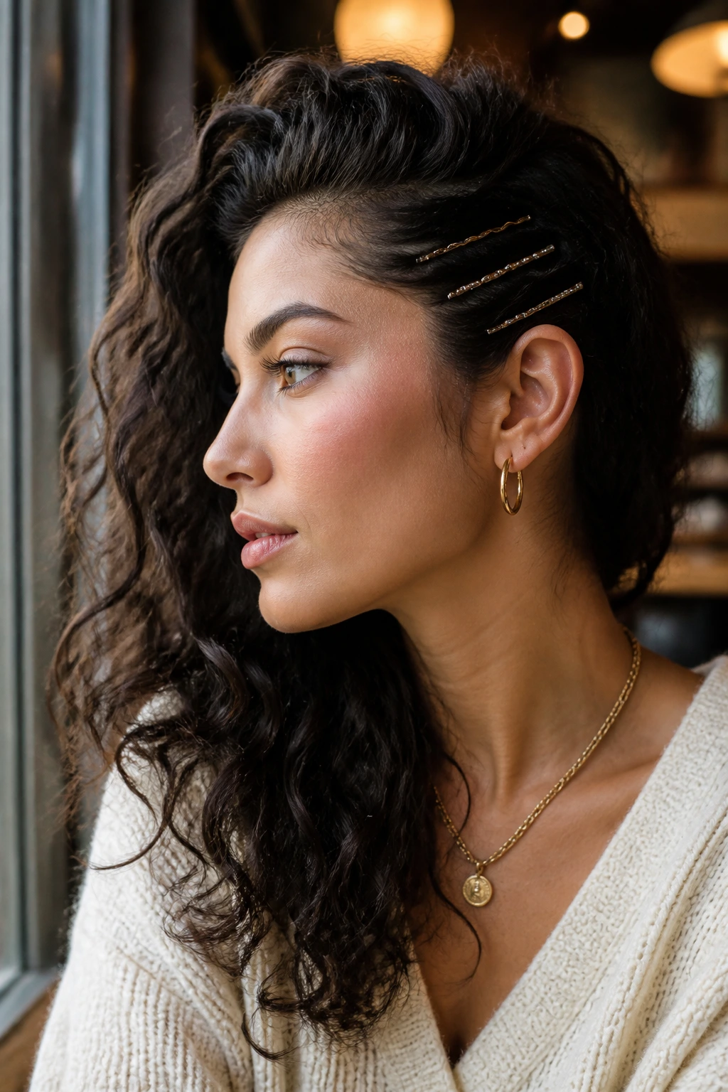 Side-swept frizzy hair pinned on one side with decorative pins