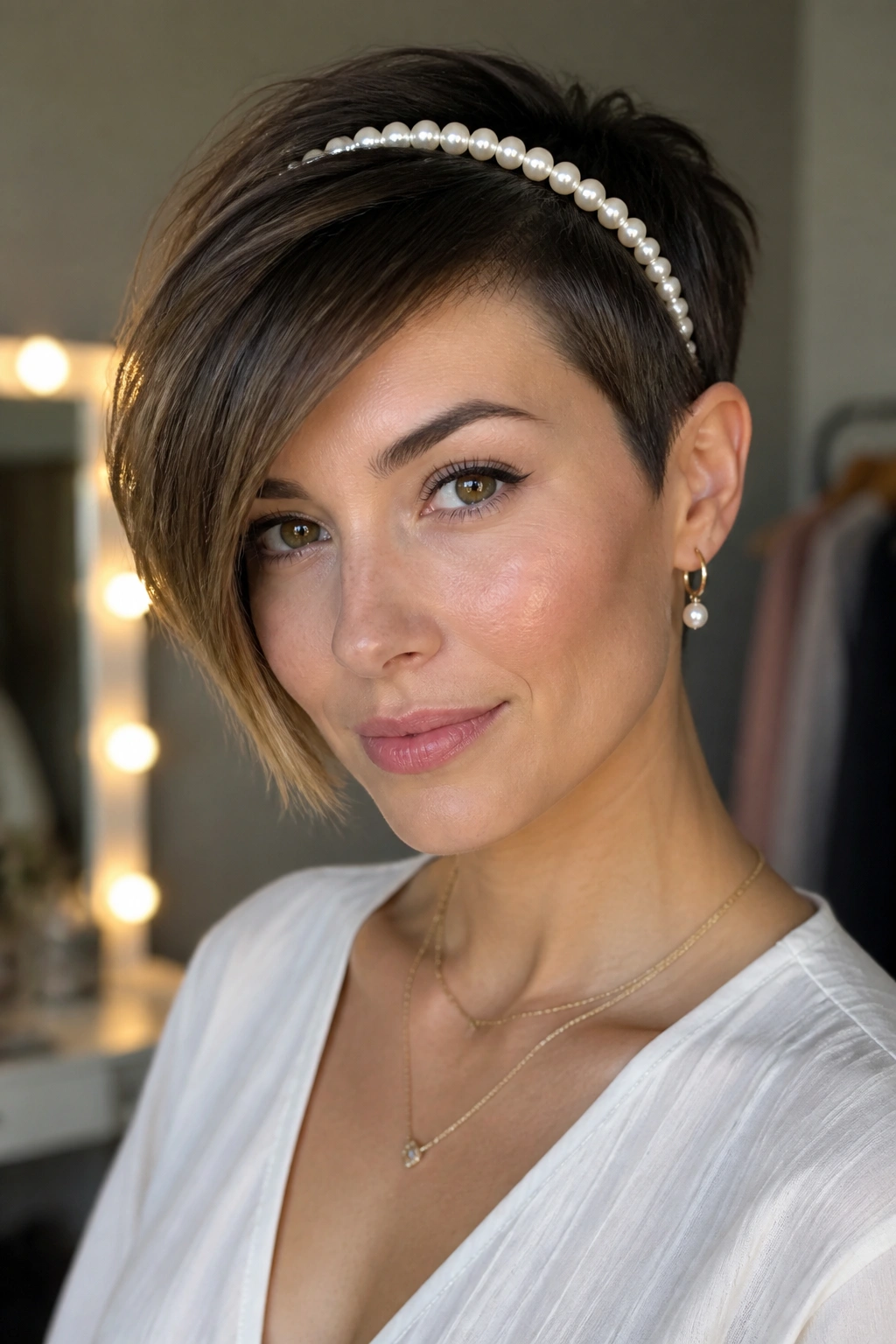 Close-up portrait of a real woman with an asymmetrical pixie and a pearl headband.