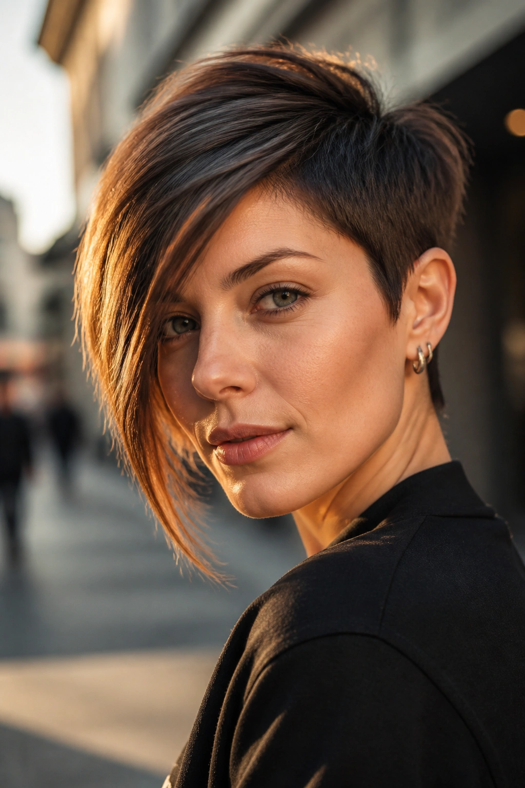 Close-up portrait of a real person with an asymmetrical pixie cut showing one longer side across the cheek.