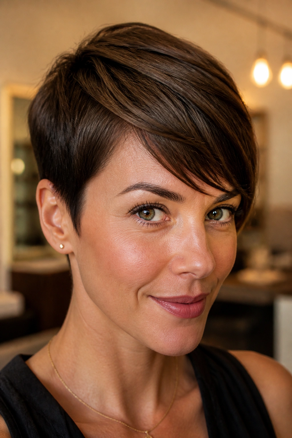 Portrait of real person with short, diagonal pixie bangs