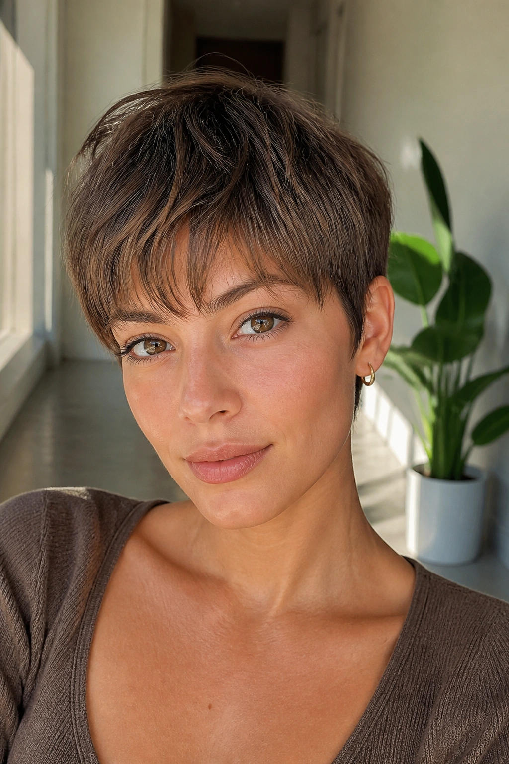 Portrait of a person with a pixie cut and feathered bangs in natural light.