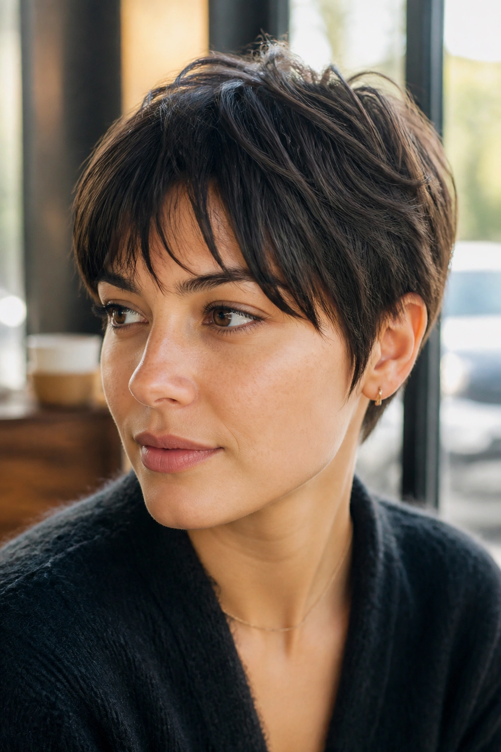 Portrait of a woman with pixie featuring piece-y bangs and soft separation