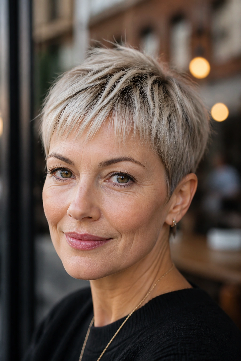 Real woman with pixie bangs and a short haircut in natural light
