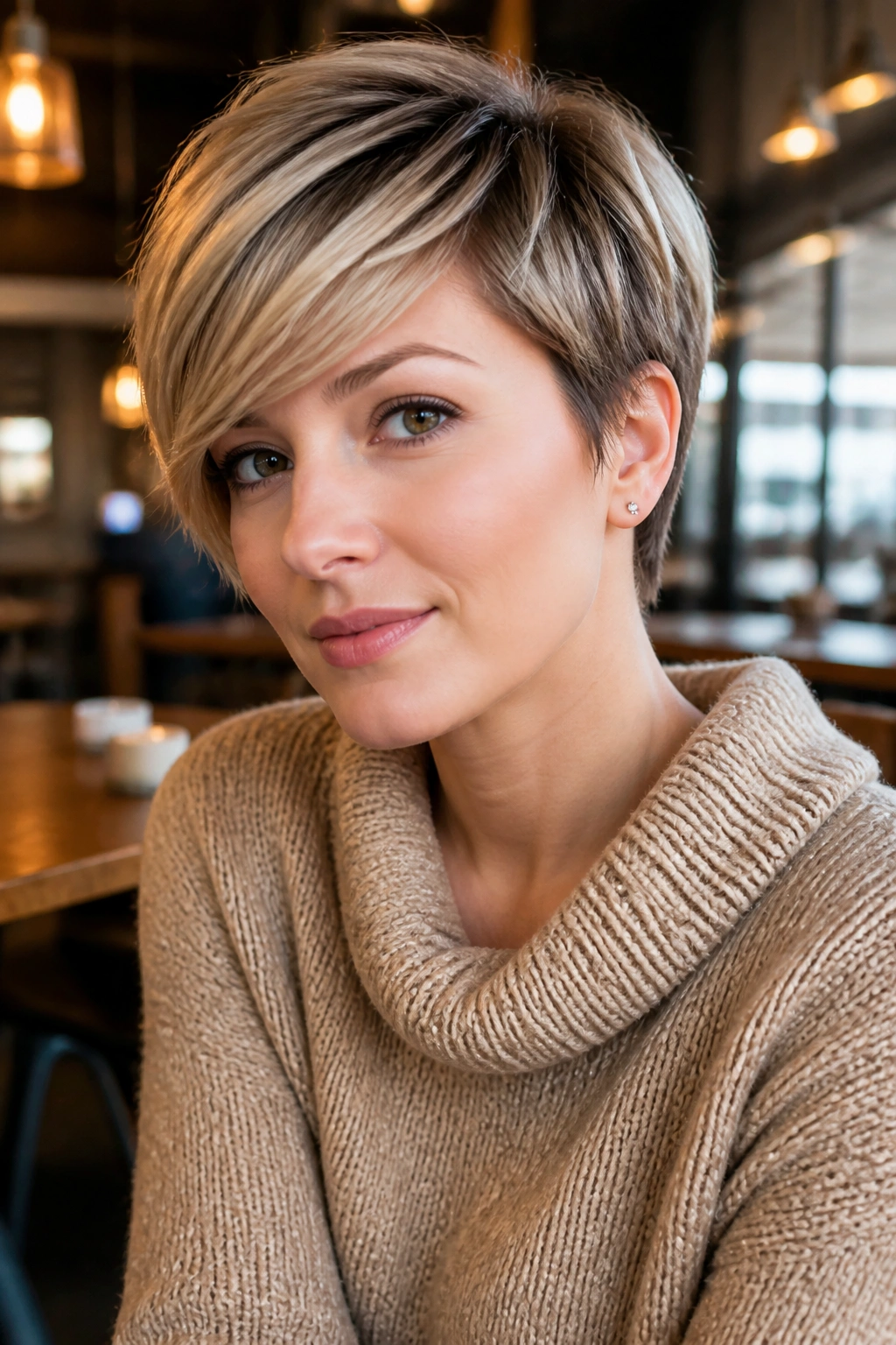 Close-up portrait of a real person with side-swept long bangs pixie hairstyle