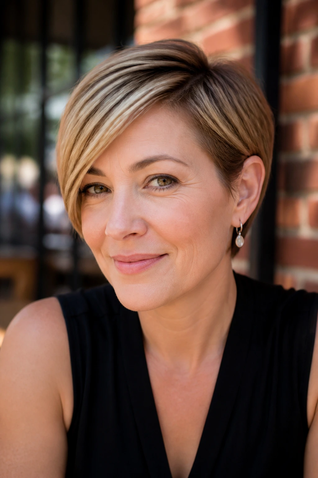 Close-up portrait of a real woman with a tucked-behind-the-ear pixie and visible earrings
