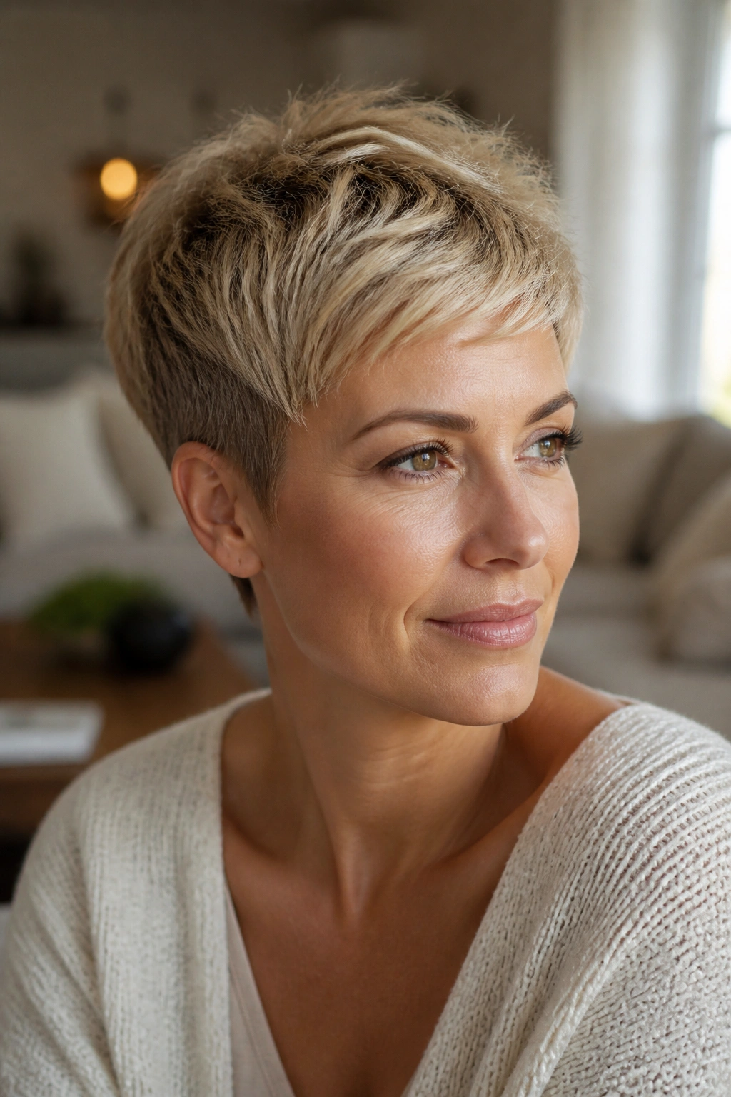 Close-up portrait of a real woman with honeyed pixie blonde hairstyle and crown highlights