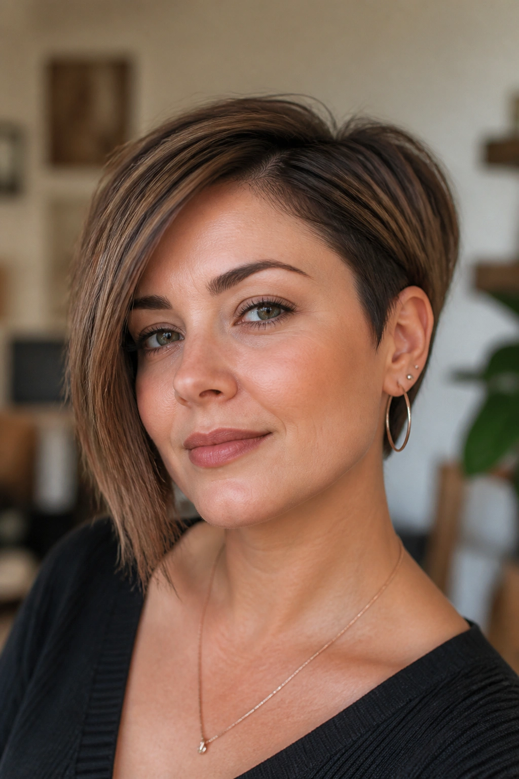 Asymmetrical pixie bob with one long side on real woman