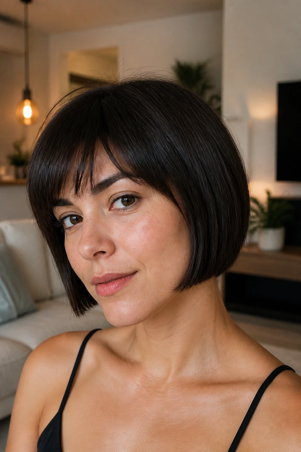Close-up of a real person with blunt-line pixie bob showing a clean jawline
