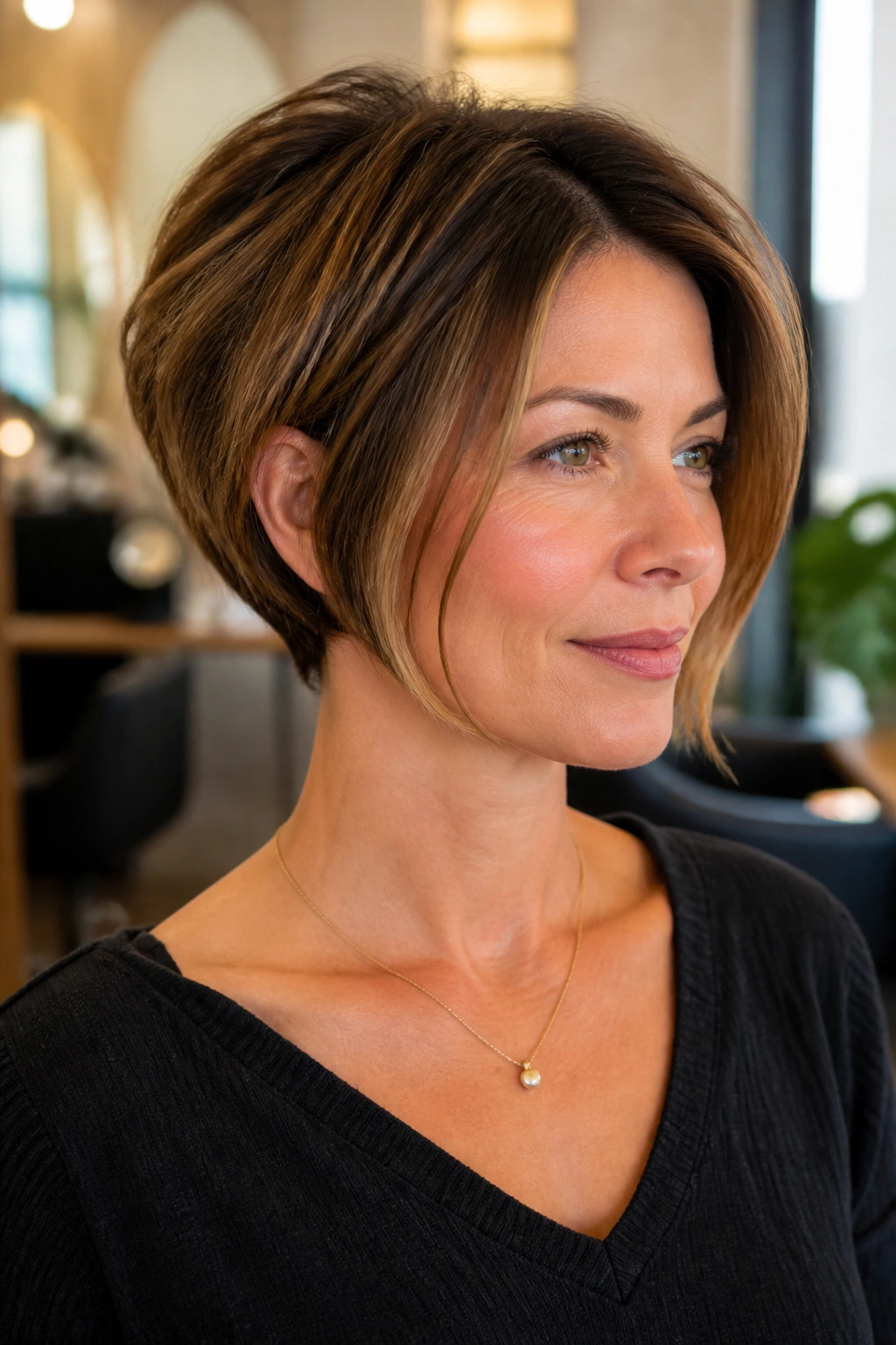 Close-up portrait of a real person with pixie-bob hairstyle in warm salon lighting
