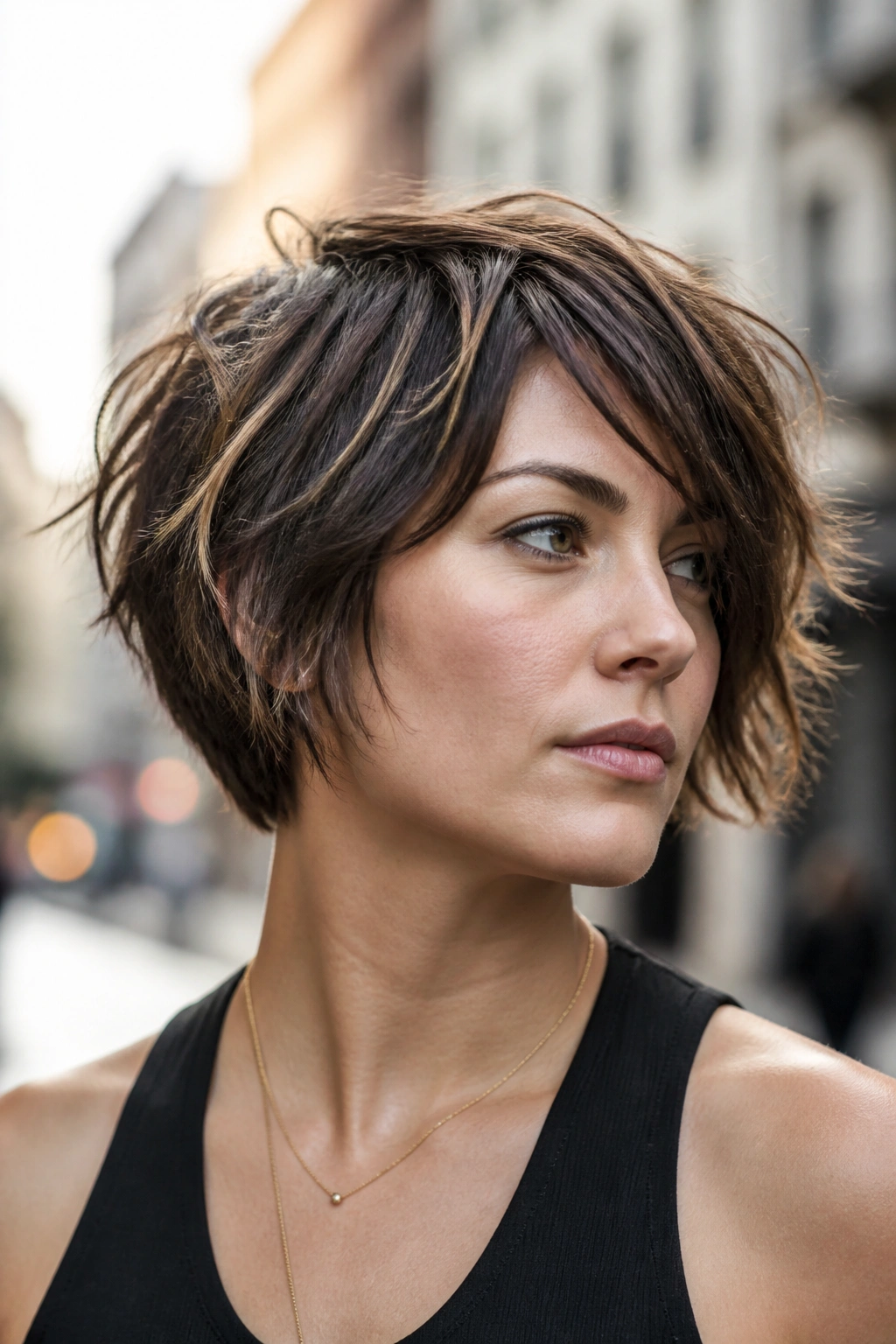 Close-up portrait of a real woman with choppy piecey pixie bob.