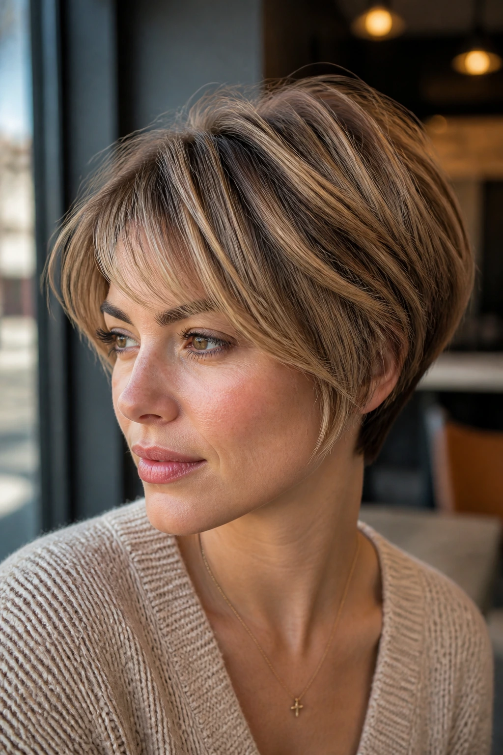 Close-up of a person with pixie bob and crown layers in daylight