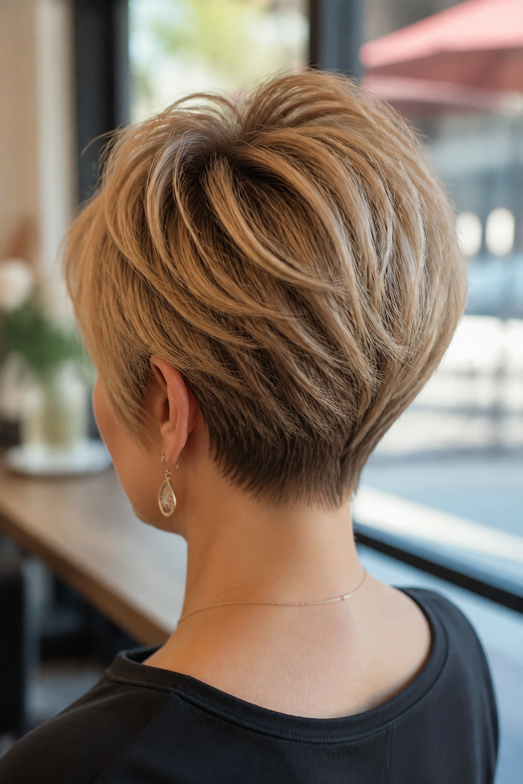 Stacked pixie bob with crown volume on real woman; back of head shows lift at crown