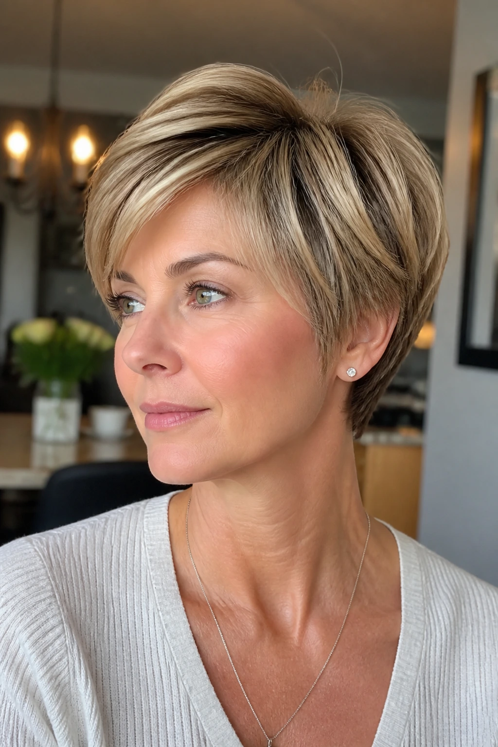 Close-up of a real person with crown-volume pixie bob in a sunlit indoor setting
