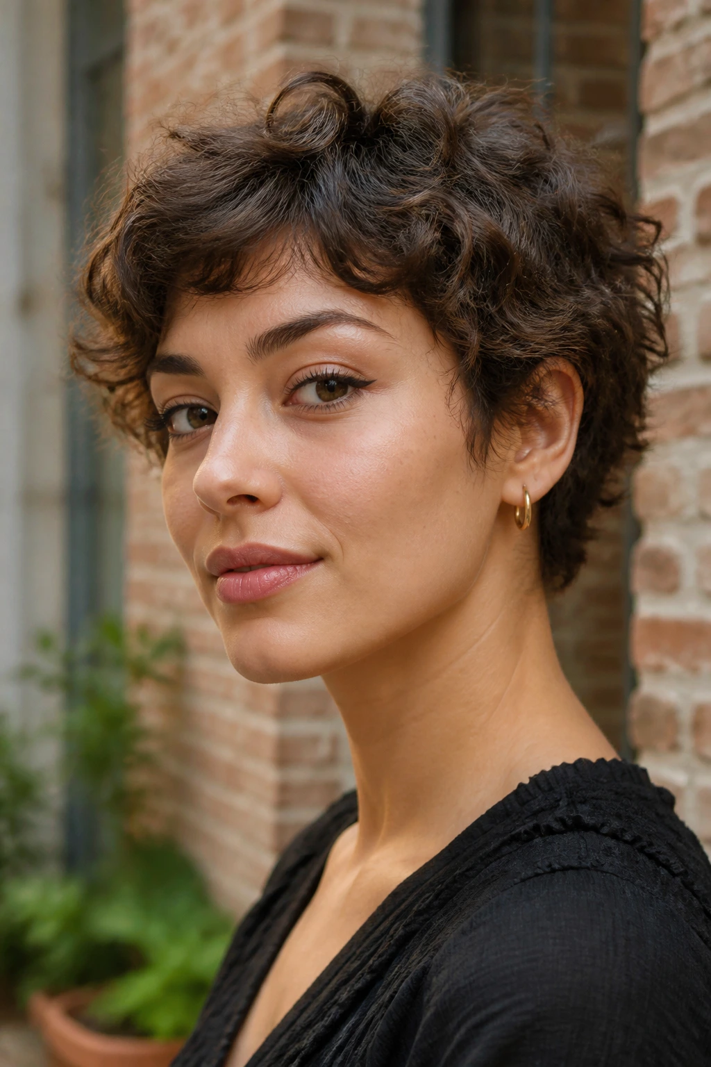 Close-up of a real person with a short curly pixie-bob in daylight outdoors